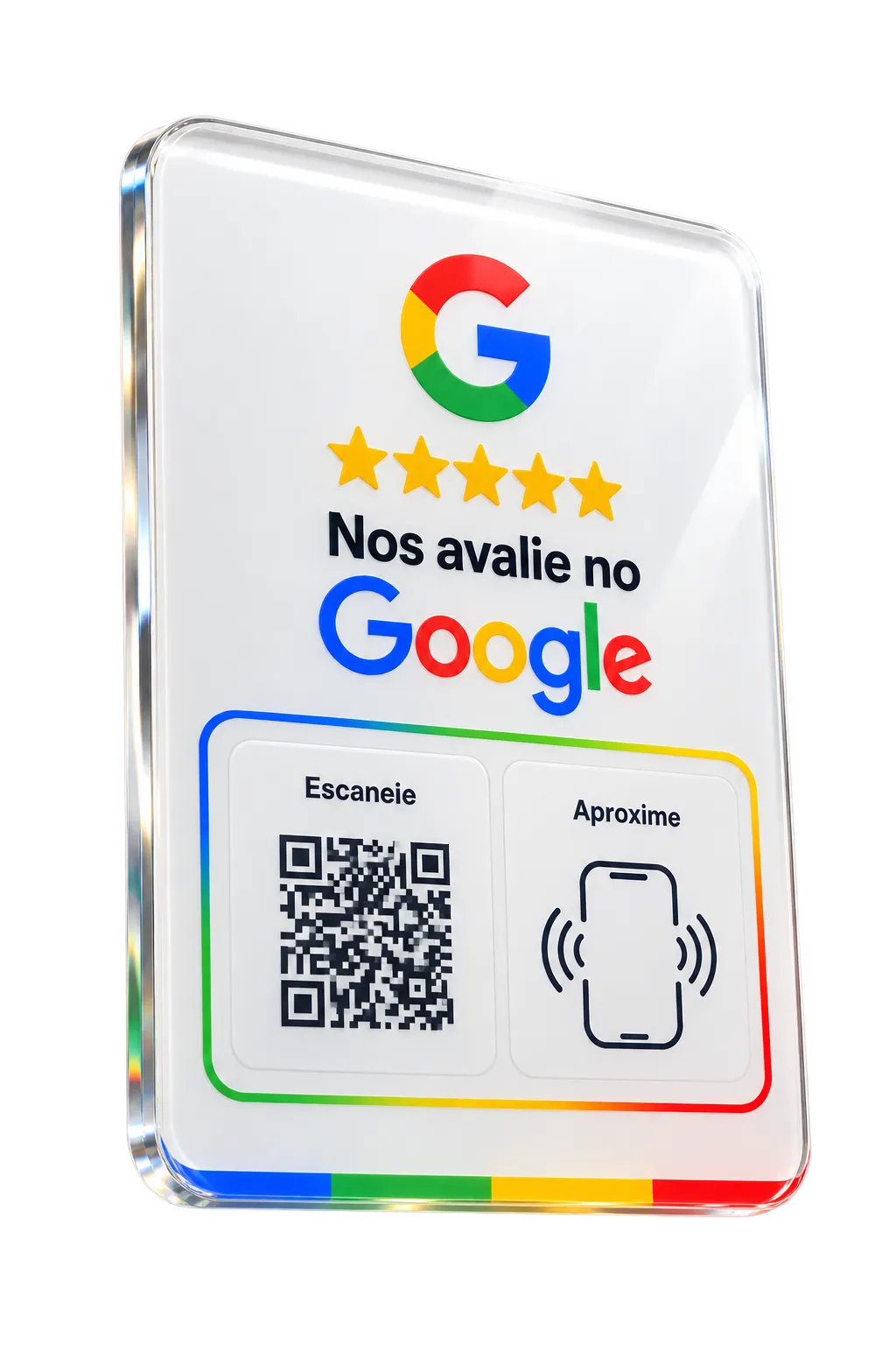 Placa acrílica branca "Nos avalie no Google" com QR Code e aproximação NFC