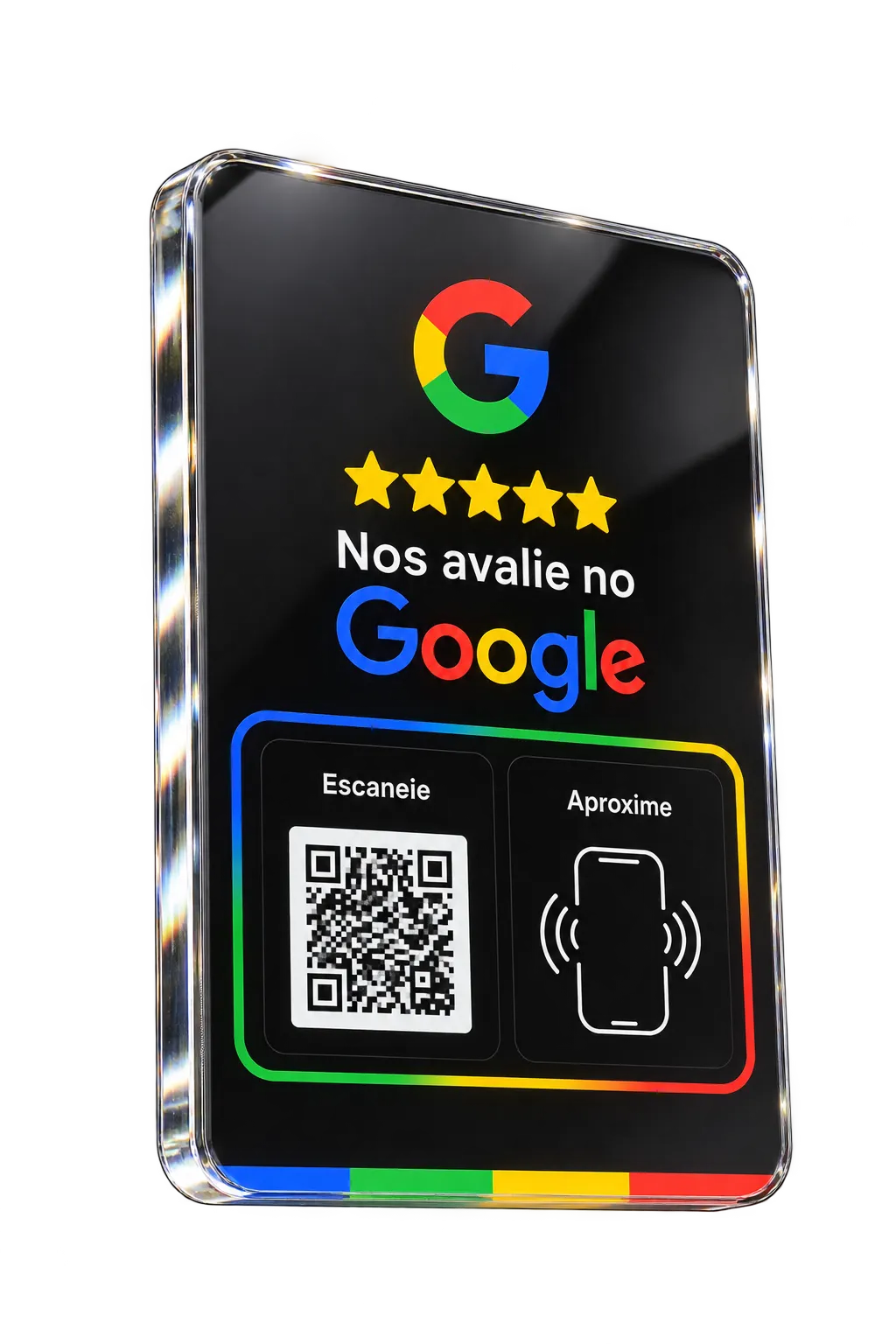 Placa acrílica preta "Nos avalie no Google" com QR Code e aproximação NFC